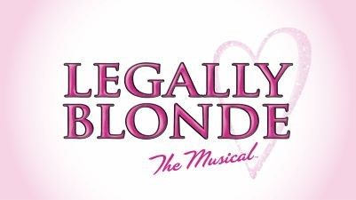 The title Legally Blonde: The Musical in dark pink letters on a light pink background with a love heart traced in the background